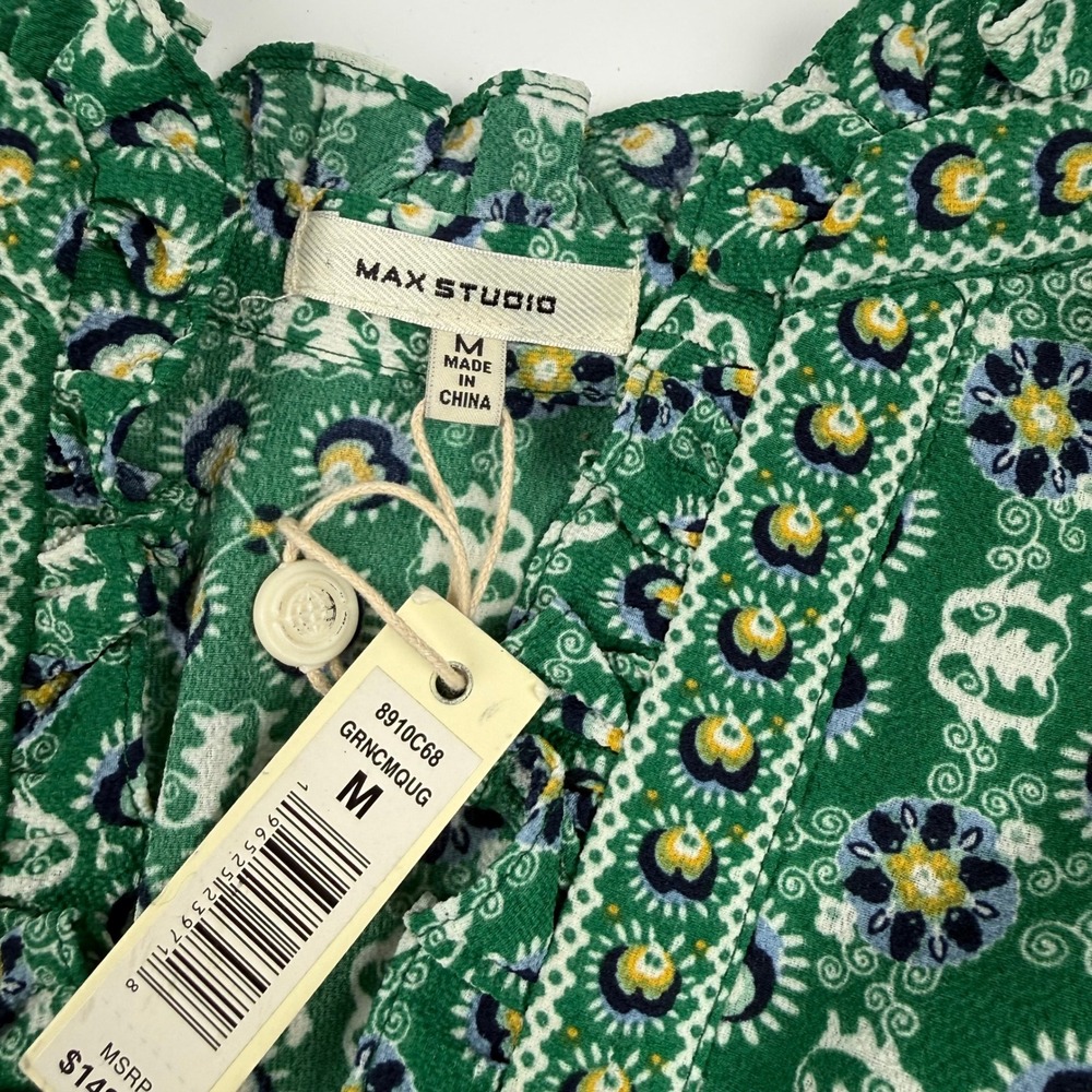 Floral Smocked Max Studio Green Rayon Maxi Dress Size M Medium - Picture 3 of 13